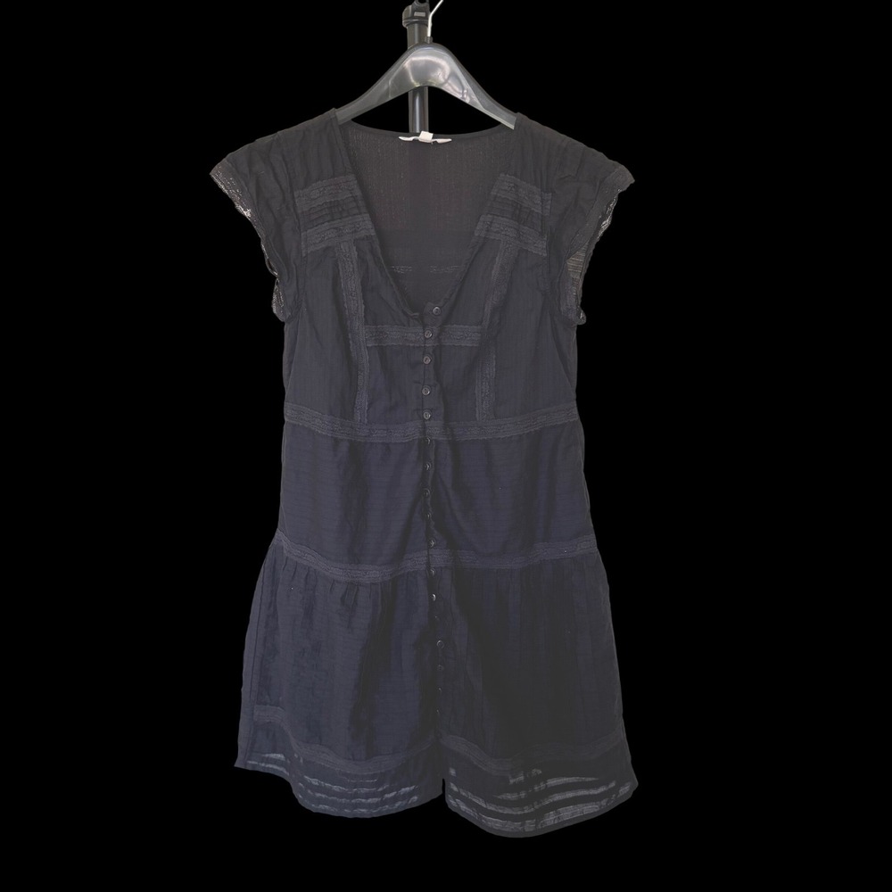 Lucky Brand Black Cotton Lace Trim Button Front Tiered Mini Dress Womens XS